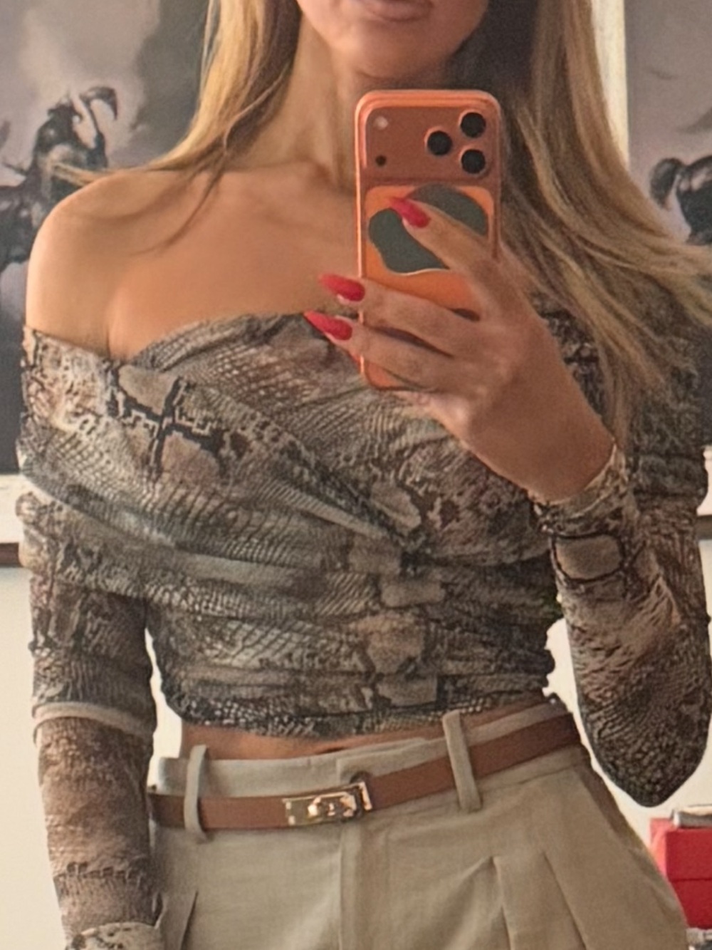 LaPointe Snake Print Off-Shoulder Ruched Crop Top - crossed size XS LIKE NEW